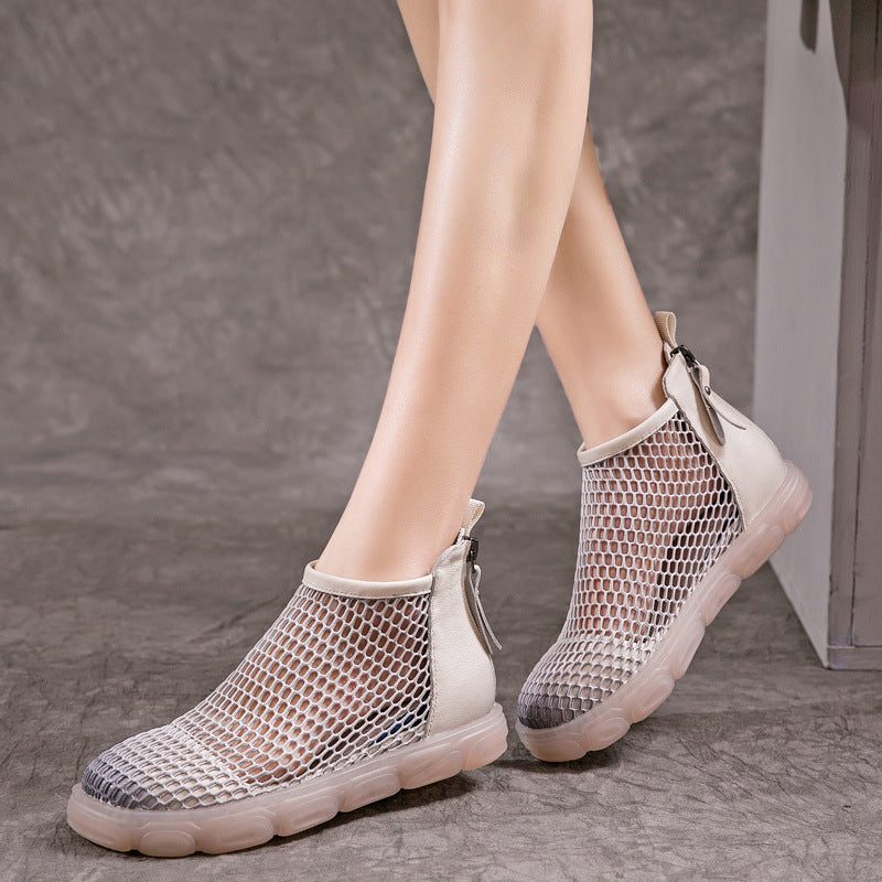 Damen Sommer Retro Leder Mesh Back Zipper Sandalen