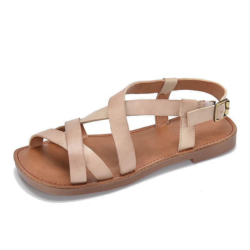 Damen Sommer Retro Riemchensandalen Aus Leder