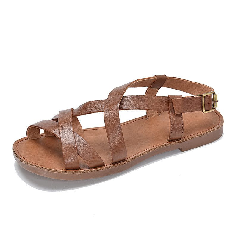 Damen Sommer Retro Riemchensandalen Aus Leder