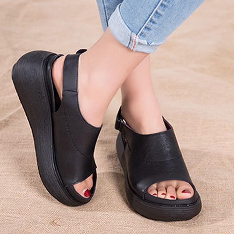 Frauen Casual Peep Toe Plateau Leder Sandalen Mit Klettverschluss