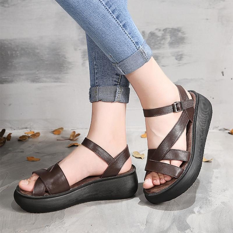 Frauen Frühling Sommer Retro Plateau Kuhfell Sandalen