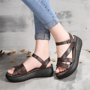 Frauen Frühling Sommer Retro Plateau Kuhfell Sandalen