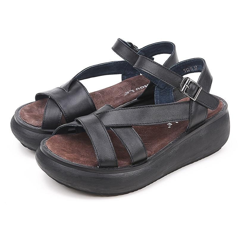 Frauen Frühling Sommer Retro Plateau Kuhfell Sandalen