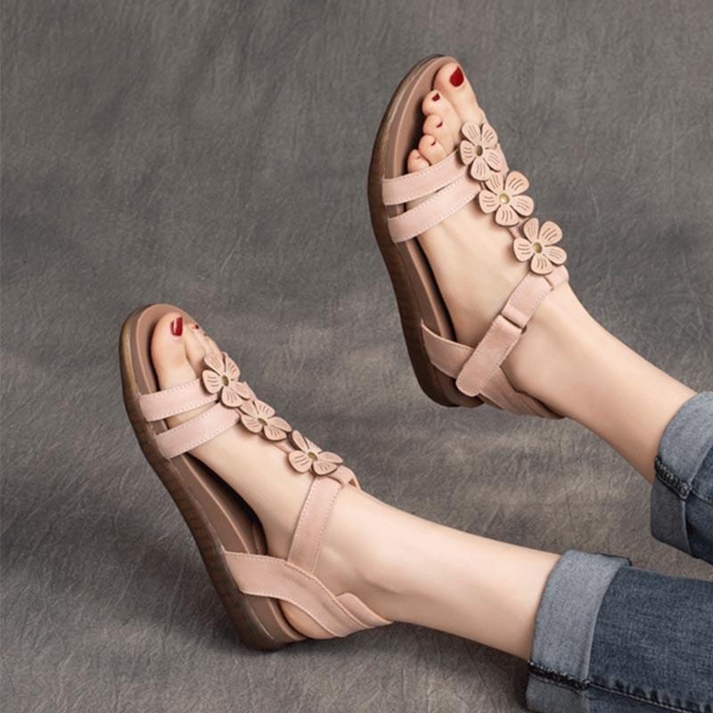 Frauen Handgefertigte Blume Boho Sandalen Aus Leder