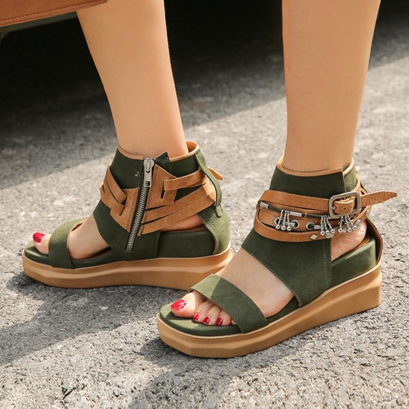 Frauen Retro Keilschnalle Reißverschlüsse Offene Spitze Causal Sandalen 34-40