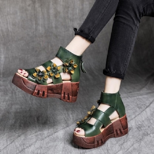 Frauen-retro-plateau-leder-sandalen Mit Blumenmuster