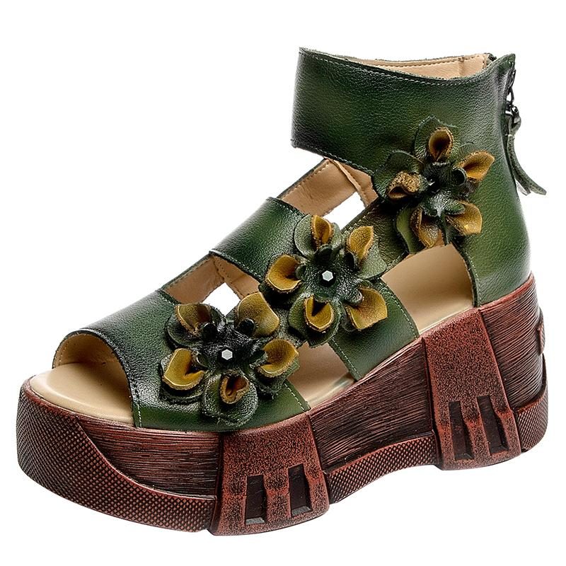 Frauen-retro-plateau-leder-sandalen Mit Blumenmuster