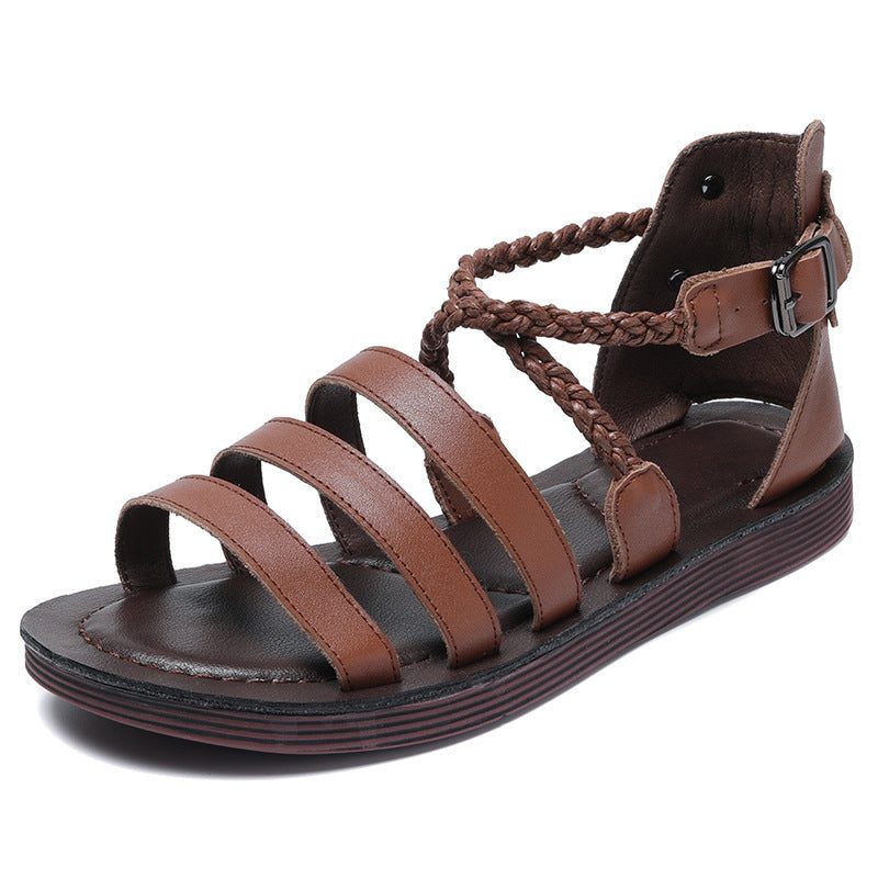 Frauen Sommer Flache Vintage Ledersandalen