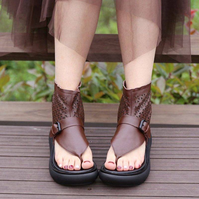 Frauen Sommer Leder Aushöhlen Casual Clip Toe Stiefel Sandalen