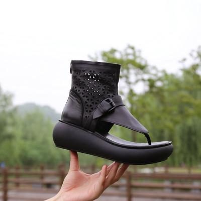 Frauen Sommer Leder Aushöhlen Casual Clip Toe Stiefel Sandalen