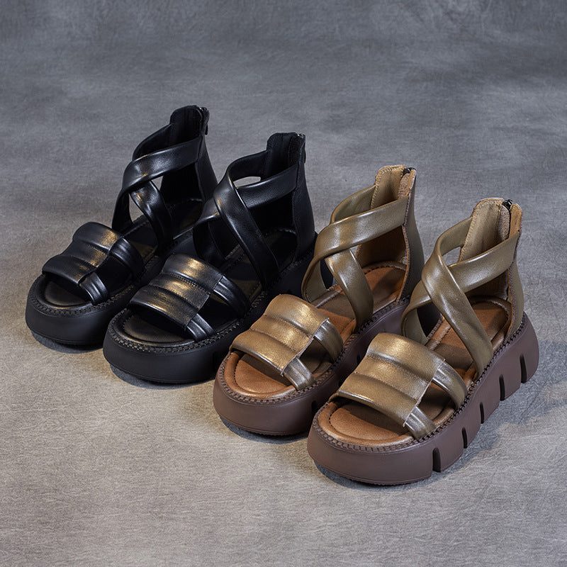 Frauen-sommer-retro-riemchen-leder-beiläufige Sandalen