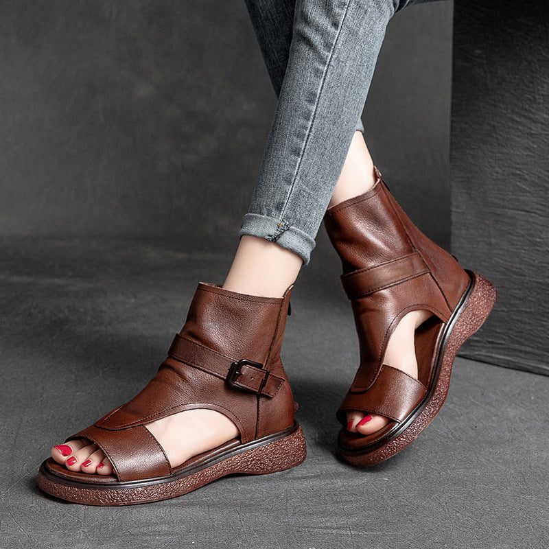 Frauen Sommer Vintage Leder Flache Knöchelsandalen