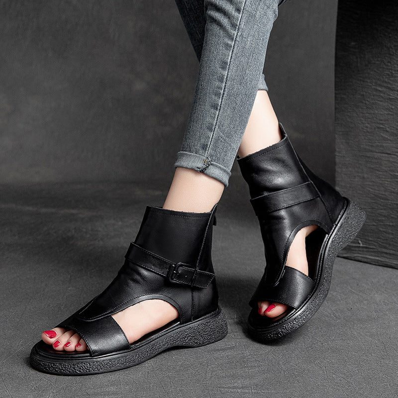 Frauen Sommer Vintage Leder Flache Knöchelsandalen