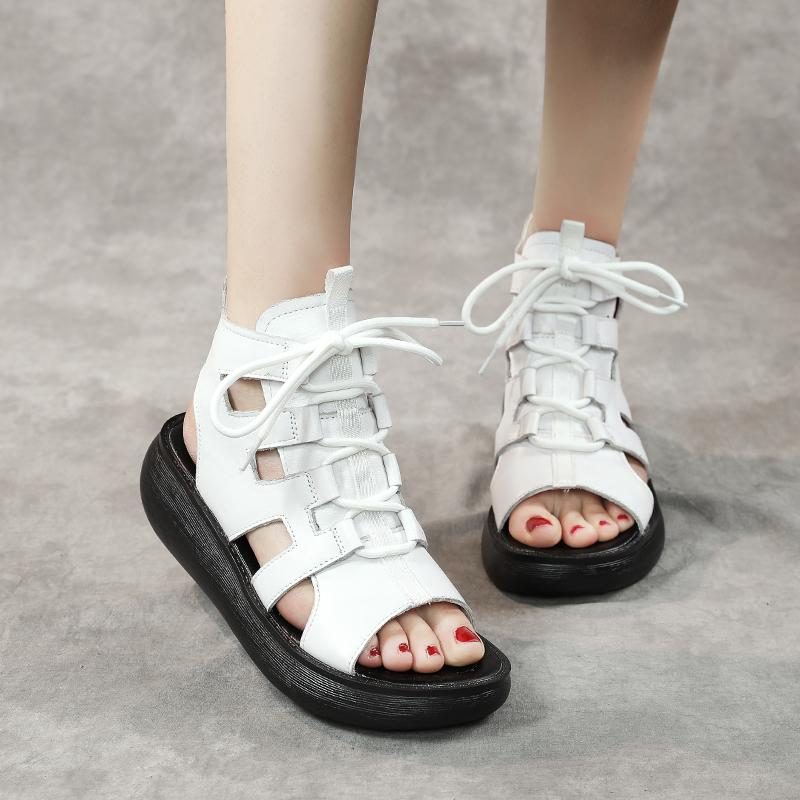 Frauen-sommer-weinlese-leder-hohle Hohe Sandalen