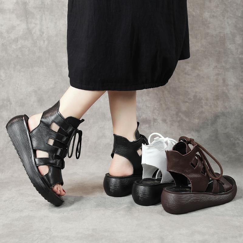 Frauen-sommer-weinlese-leder-hohle Hohe Sandalen