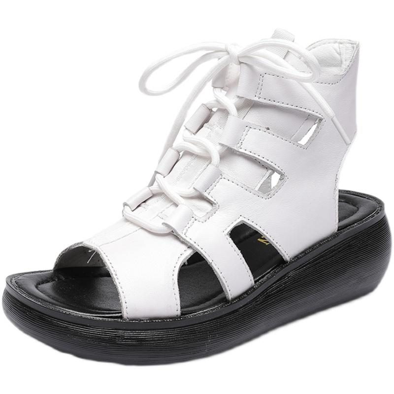 Frauen-sommer-weinlese-leder-hohle Hohe Sandalen