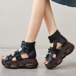 Lässige Keilsandalen Aus Leder Im Retro-sommer Mit Blumenmuster