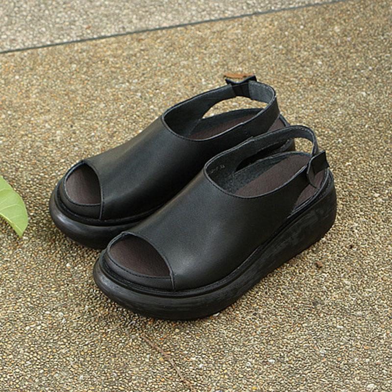 Lässige Sommer-kuhlederschuhe Schwarze Keilabsatz-sandalen