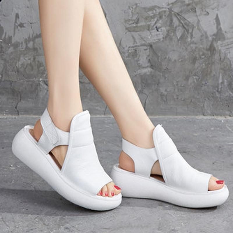 Massive Leder-plateau-sandalen Mit Klettverschluss