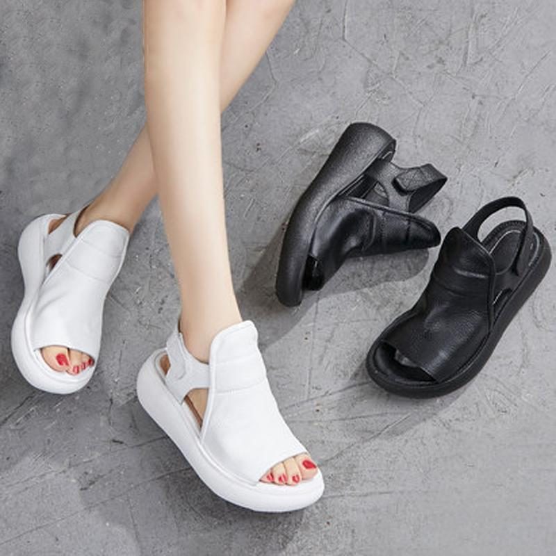 Massive Leder-plateau-sandalen Mit Klettverschluss