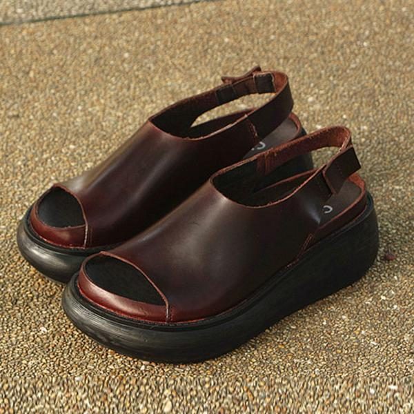 Sommer-beiläufige Kuh-leder-schuhe Kaffee-keilabsatz-sandalen