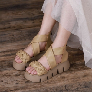 Sommer-frauen-leder-geflochtene Keil-sandalen