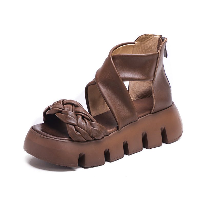 Sommer-frauen-leder-geflochtene Keil-sandalen