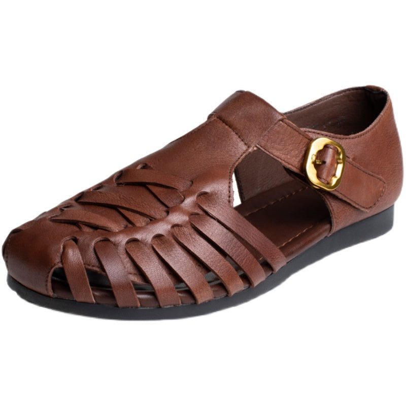 Sommerliche Retro-lederhandgefertigte Sandalen Mit Klettverschluss