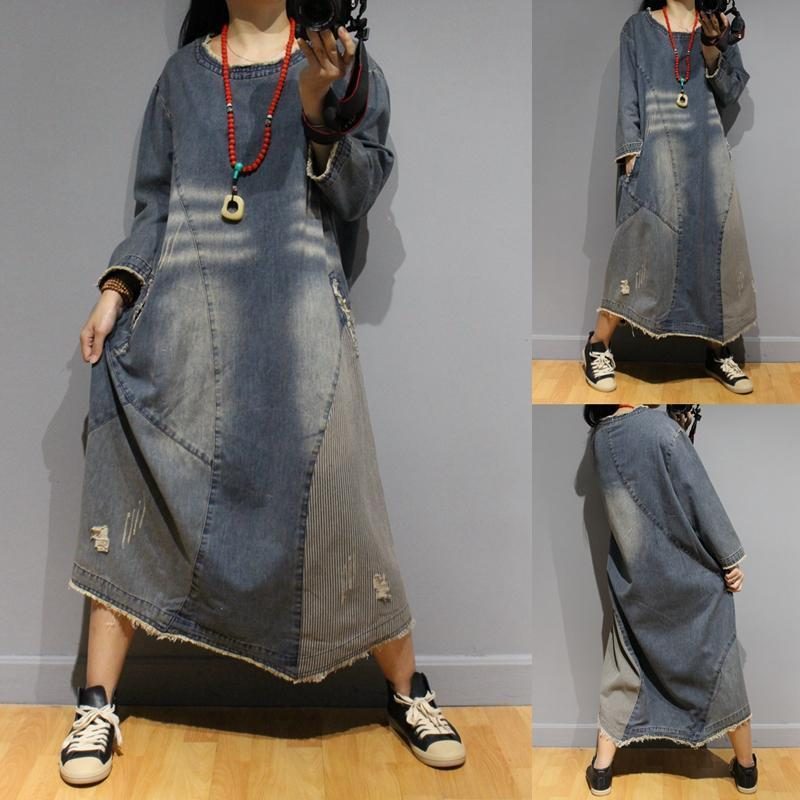 Autumn Literary Distressed Denim Dress Mit Rundhalsausschnitt