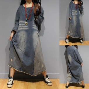 Autumn Literary Distressed Denim Dress Mit Rundhalsausschnitt