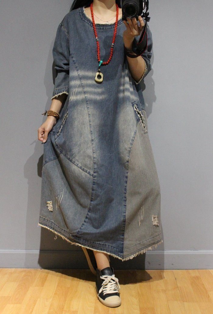 Autumn Literary Distressed Denim Dress Mit Rundhalsausschnitt