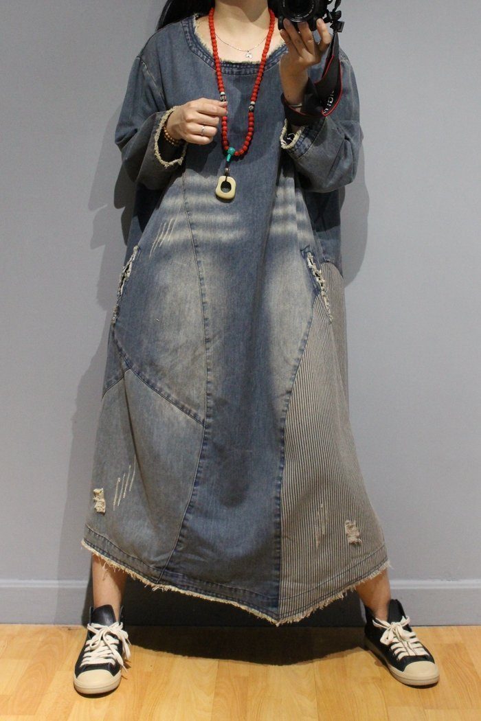 Autumn Literary Distressed Denim Dress Mit Rundhalsausschnitt