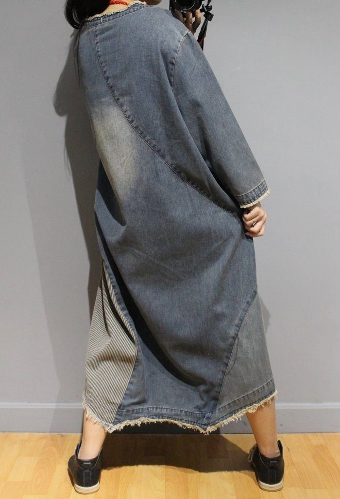 Autumn Literary Distressed Denim Dress Mit Rundhalsausschnitt