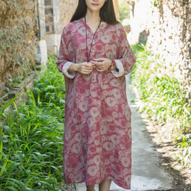 Baumwoll-leinen Lässig Locker Sitzendes Kleid Mit Blumenmuster Rot Blau