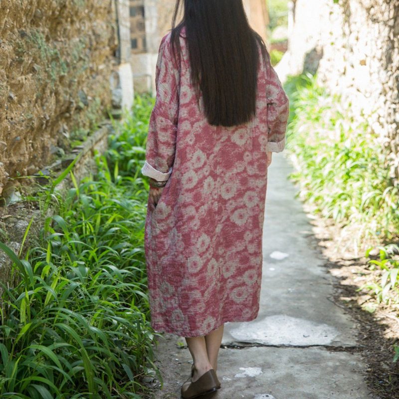 Baumwoll-leinen Lässig Locker Sitzendes Kleid Mit Blumenmuster Rot Blau