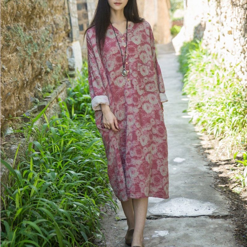 Baumwoll-leinen Lässig Locker Sitzendes Kleid Mit Blumenmuster Rot Blau