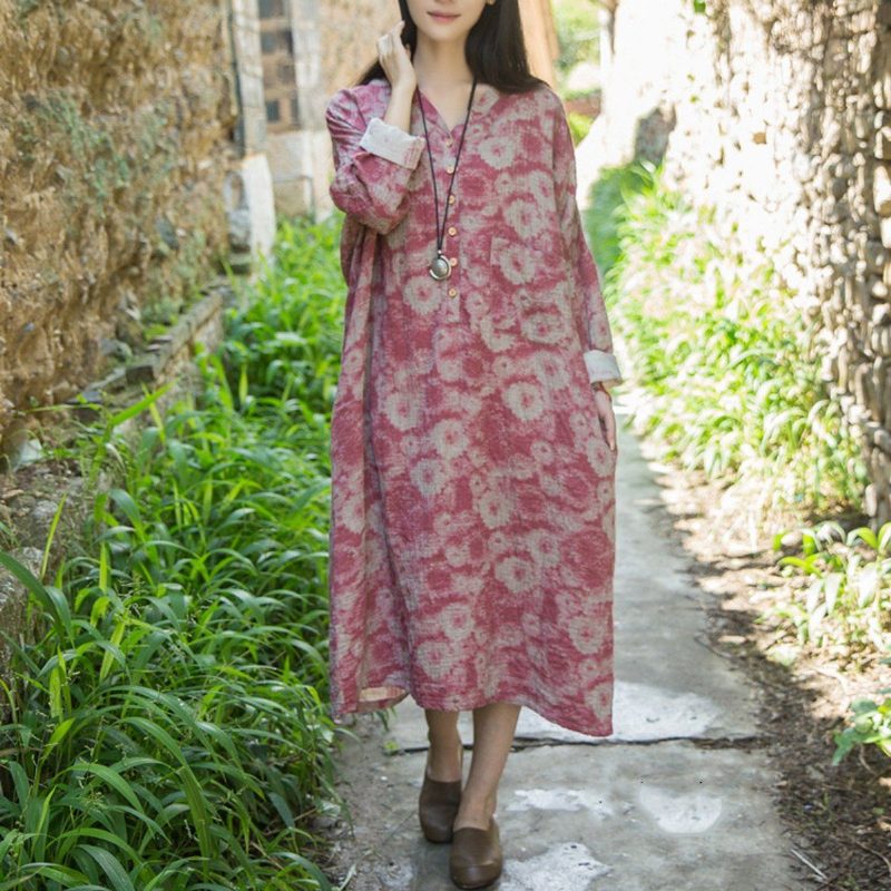 Baumwoll-leinen Lässig Locker Sitzendes Kleid Mit Blumenmuster Rot Blau