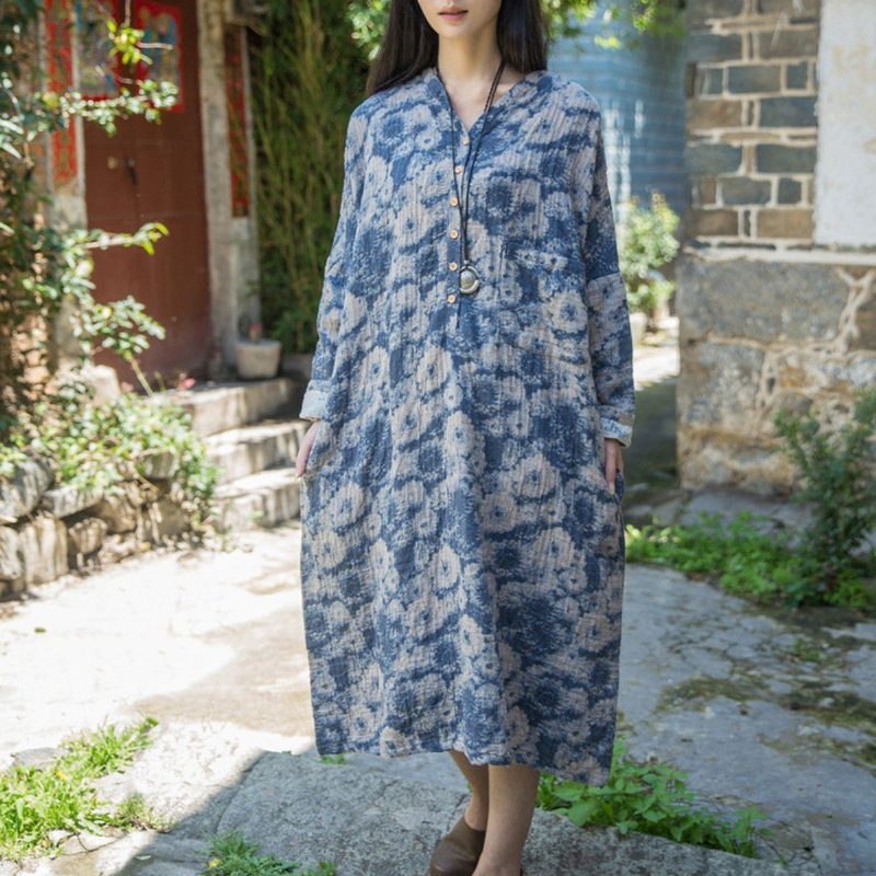 Baumwoll-leinen Lässig Locker Sitzendes Kleid Mit Blumenmuster Rot Blau