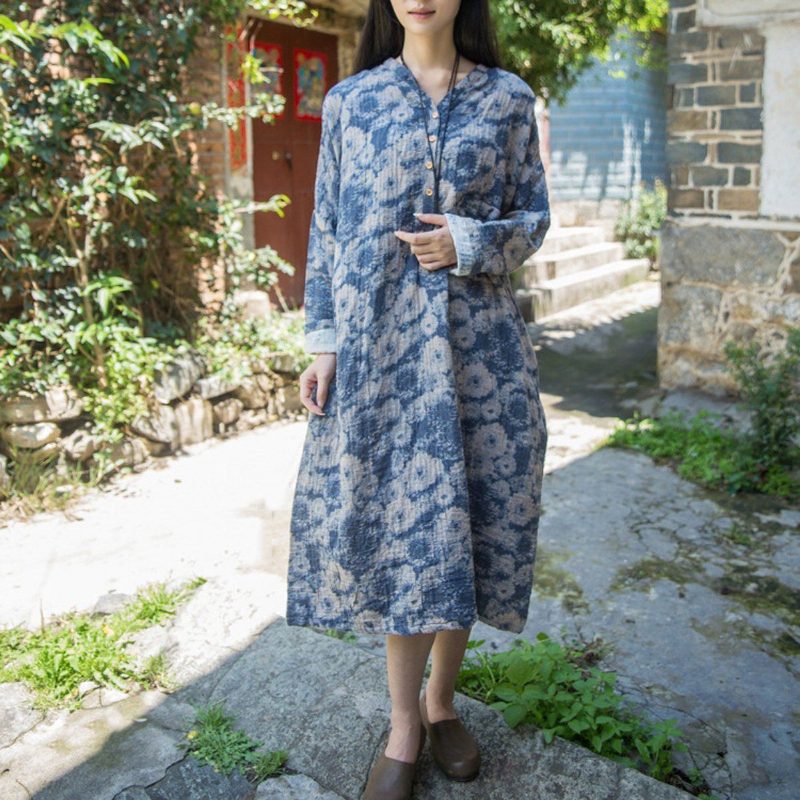 Baumwoll-leinen Lässig Locker Sitzendes Kleid Mit Blumenmuster Rot Blau