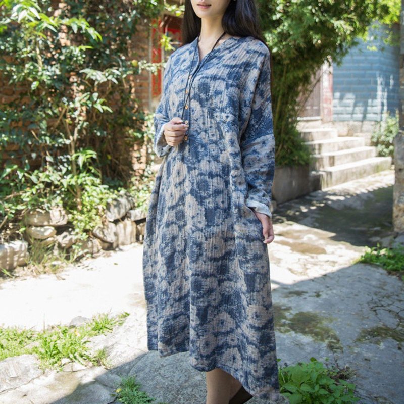 Baumwoll-leinen Lässig Locker Sitzendes Kleid Mit Blumenmuster Rot Blau