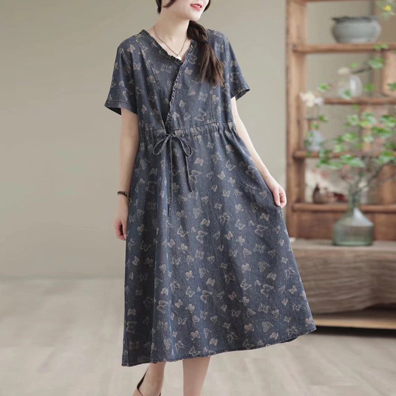 Bequemes Lockeres Sommer-retro-leinen-baumwoll-denim-kleid