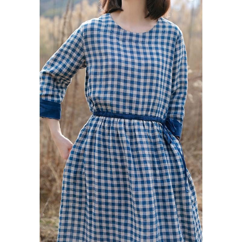 Blau Kariertes Retro-kleid Aus Baumwolle Und Leinen