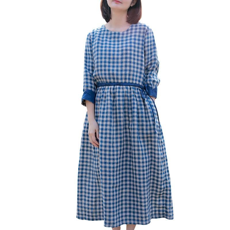 Blau Kariertes Retro-kleid Aus Baumwolle Und Leinen