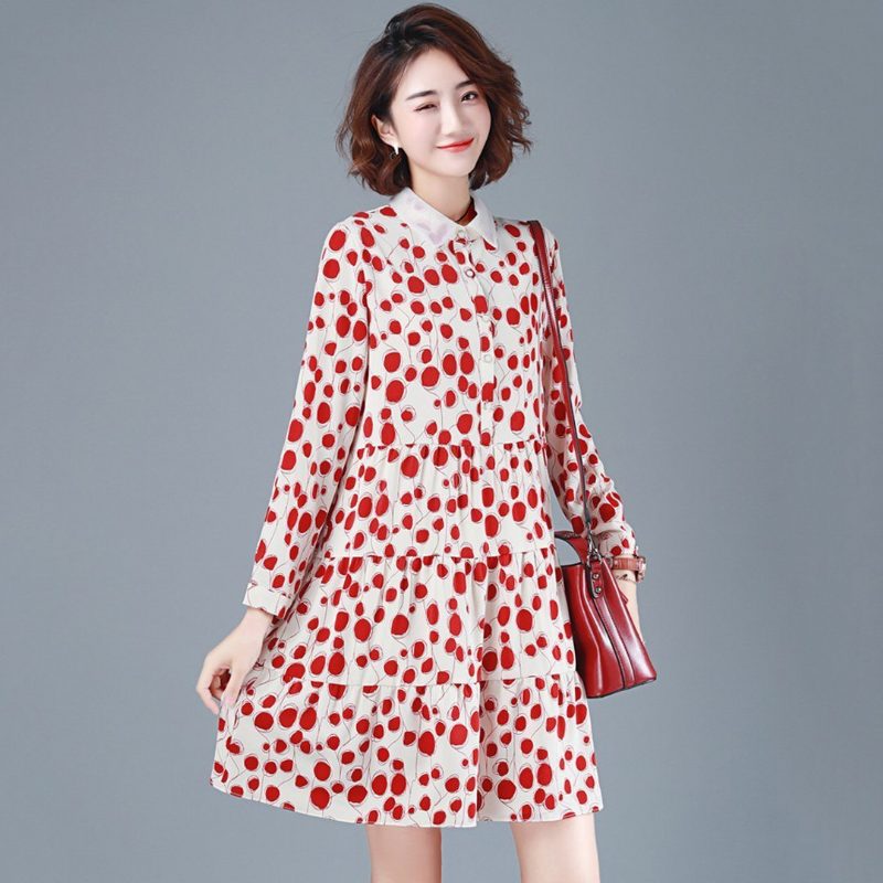 Casual Polka Dots Chiffon-herbst-langarmkleid