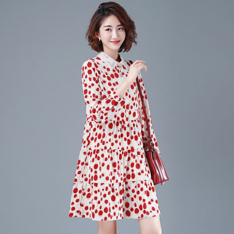 Casual Polka Dots Chiffon-herbst-langarmkleid