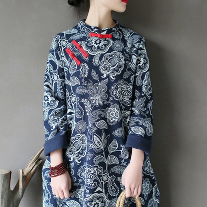 Chinesisches Ethnisches Retro-langes Dickes Baumwoll-leinen-kleid