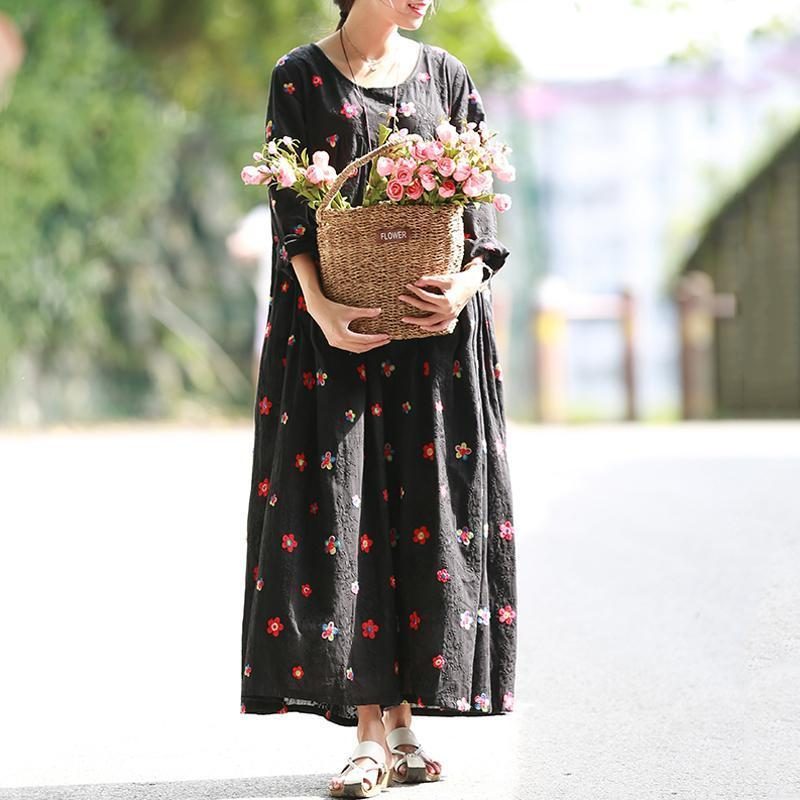 Damen A-linie Kleid Aus Geblümter Baumwolle Mit Langen Ärmeln