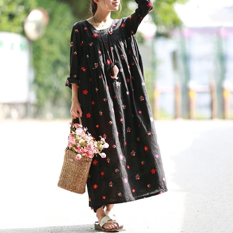 Damen A-linie Kleid Aus Geblümter Baumwolle Mit Langen Ärmeln