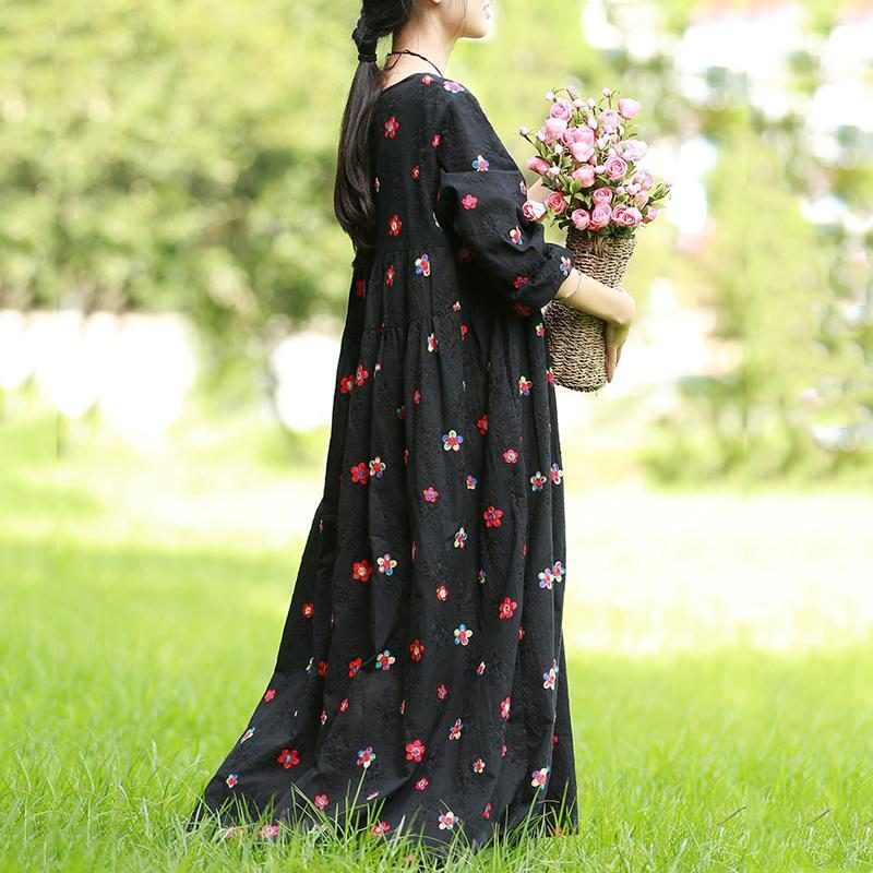 Damen A-linie Kleid Aus Geblümter Baumwolle Mit Langen Ärmeln