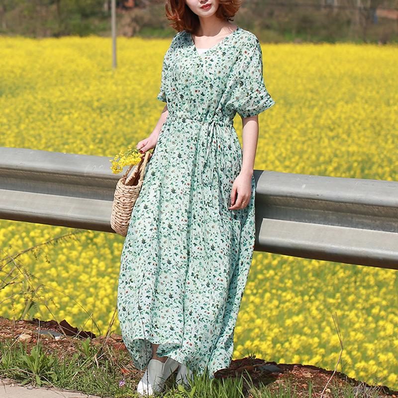 Damen-sommerkleid Mit V-ausschnitt Bedruckt Tailliert Und Kurzärmlig